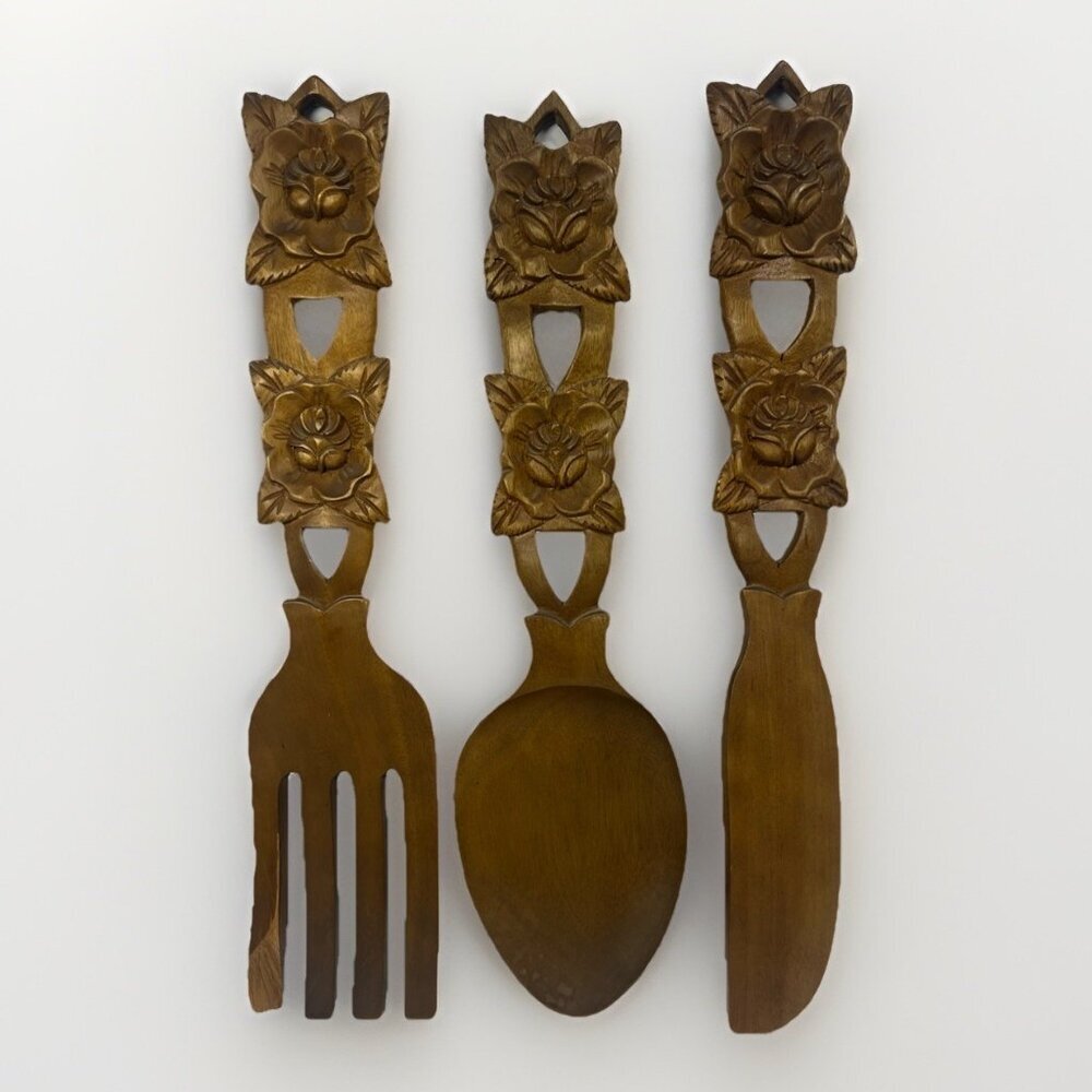 Vintage Hand-Carved Wooden Ford Spoon And Knife Wall Decor 22” MCM Retro